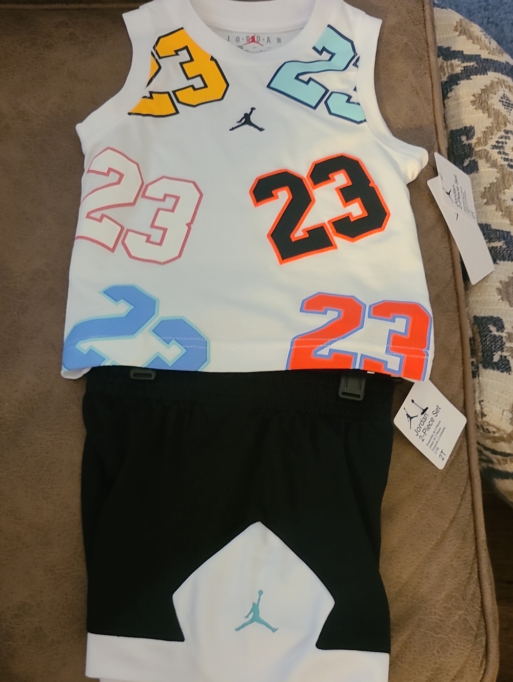 Jordan White Tank Top & Black Shorts Set with Multi-Color 23 Graphics